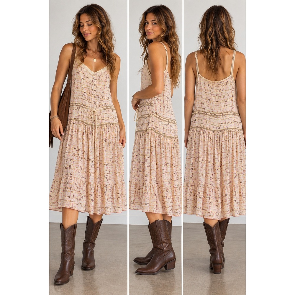 Peruvian Connection Silk Midi Dress Sz 18 Boho Cottagecore Lace Prairie Y2K